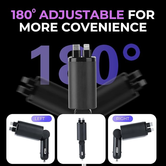 【Upgraded】 Retractable Car Charger 5 in 1 Fast Car Phone Charger | 2 Retractable Cords (Type-C & iOS) with Additional 3 Ports | Charge 5 Devices | Compatible with iPhone & Android Models