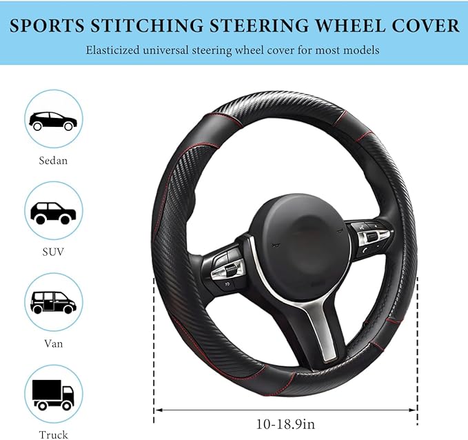 Car Steering Wheel Cover, 15 Inch Anti-Slip Stretch Leather Steering Wheel Protector, Comfortable Breathable Sporty Steering Wheel Cover for Women Men, Car Accessories (Black)