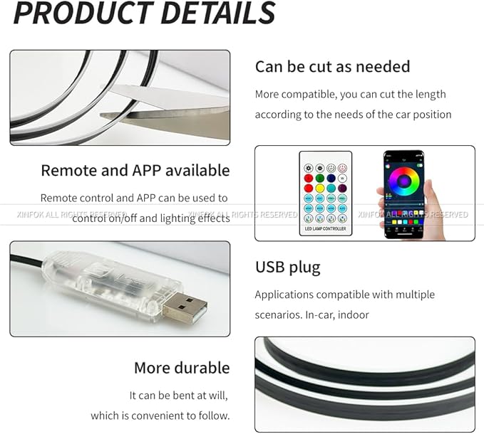 Ambient Lighting Car Led Lights Interior with APP, USB Powered Acrylic Neon Flexible Strip Fiber Optic LED Ambient Lighting kit,4 in 1 Car Center Console Dashboard RGB Sound Active Music Lights Sync