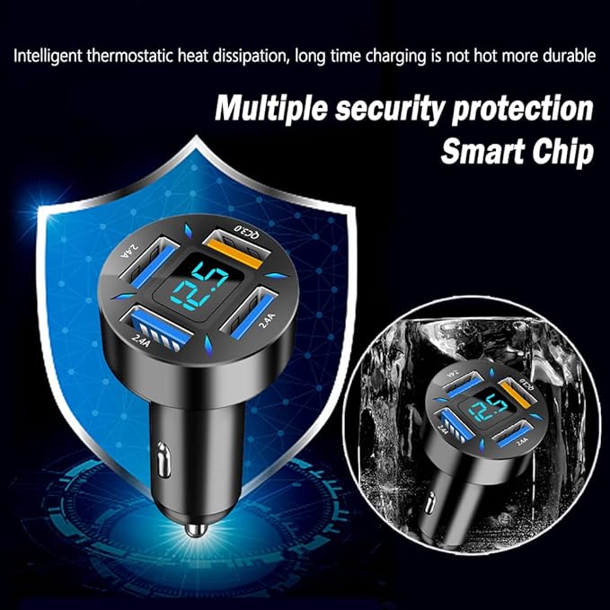 Aokdom 4-in-1 Car Charger 66W Super Fast Charging with USB 2.4A&QC 3.0(Voltmeter&LED Lights) Universal Quick Charge for 12-24V Car Cigarette Lighter Plug(Black-QC/2.4A)