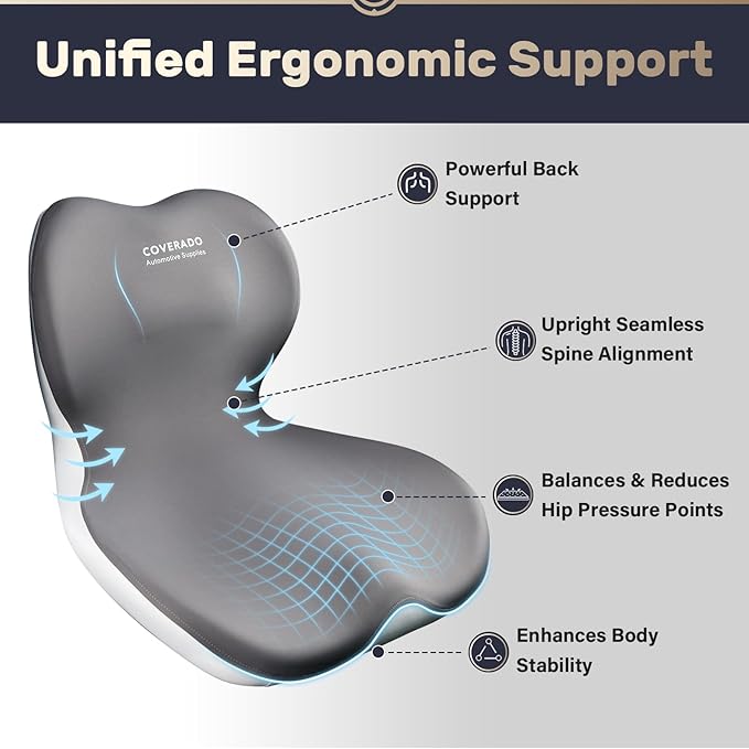 Coverado [Upgraded] Car Seat Cushion and Lumbar Support Pillow One Piece, Memory Foam Ergonomic Back Support Driving Seat Cushion for Back Pain, Non-Slip Washable Cushion for Car, Driver, Office