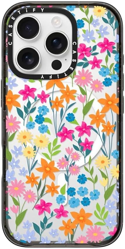 CASETiFY Impact Case for iPhone 16 Pro [Slim / 8.2 ft. 4X Military Grade Drop Protection/Compatible with Magsafe] - Bright Spring Flowers - Clear Black