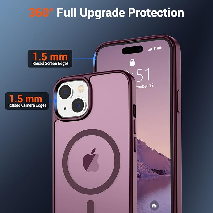 SUPFINE Magnetic for iPhone 15 Case (Compatible with MagSafe) (Military Grade Drop Protection) Slim Translucent Matte Shockproof with Anti-Fingerprint Phone Case, Wine Red