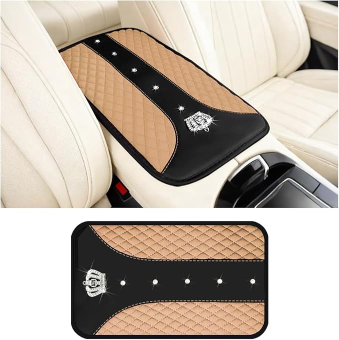 Bling Car Center Console Cover, Crown Crystal Rhinestones Vehicle Armrest Mat Protector, Anti Slip Sparkling Automotive Arm Rest Seat Box Cushion Pad Decor Accessories, Universal Fit (Beige)