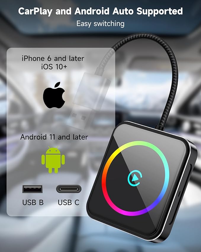 Wireless CarPlay Adapter for Apple iPhone,Android Auto & 2-in-1 CarPlay,Converts Wired to Wireless. Instant Auto-Connect, Low Latency, Plug and Play USB-A/C(iOS 10+, Android 11+) 2026
