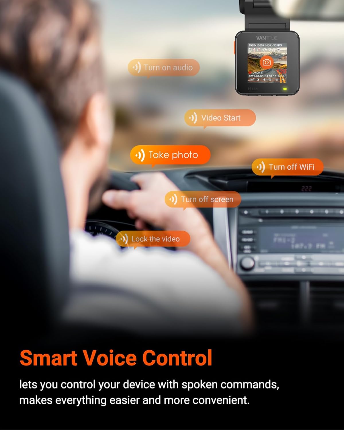 Vantrue E1 Lite 1080P WiFi Mini Dash Cam with GPS and Speed, Free App, Voice Control Detachable Dash Camera, 24 Hours Parking Mode, Night Vision, Motion Detection, Loop Recording, Support 512GB Max