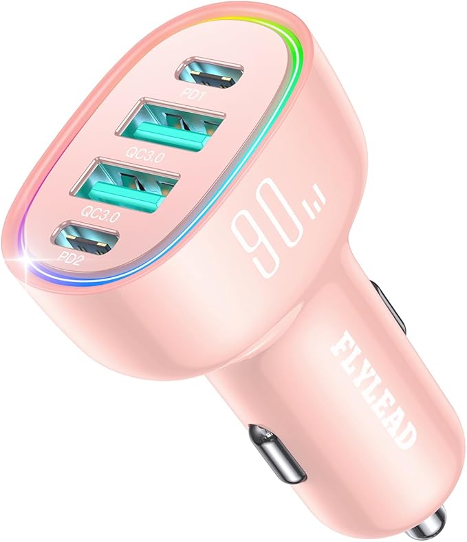 Car Charger USB C, 4 Port 90W Super Fast Charging for iPhone 17 Car Adapter, Dual PD 45W Type C & QC 3.0 USB A Multiport Car Cigarette Lighter Accessories for iPhone 16 15, iPad, Galaxy S26, Pink