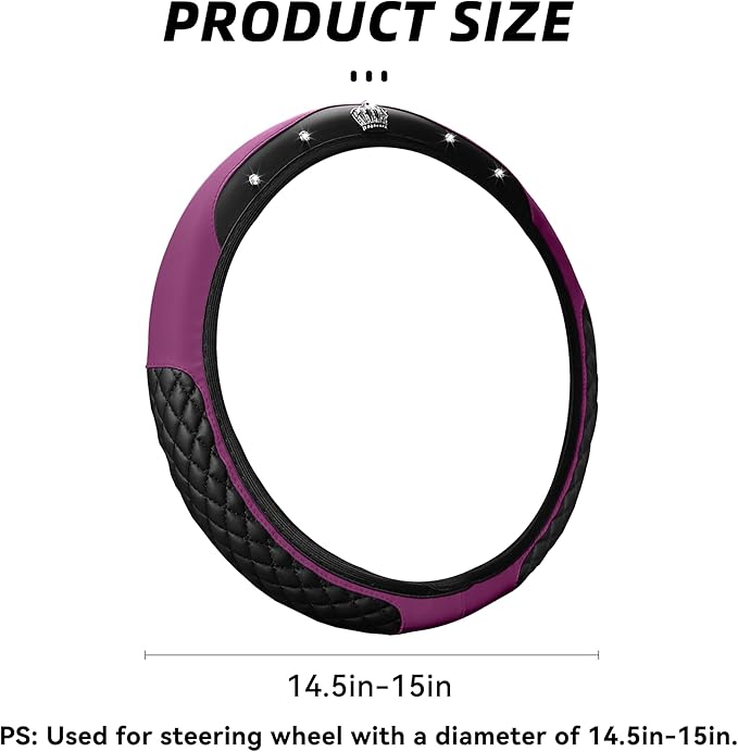 Bling Car Steering Wheel Cover, Diamond Leather Crystal Rhinestones Vehicles Steering Wheel Protector, Sparkling Anti-Slip Automotive Interior Decoration Accessories, Universal Fit (Purple)