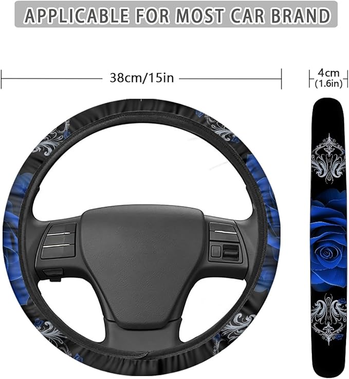AFPANQZ Car Steering Wheel Covers Universal 15 inch Fit Almost Car Blue Rose Steering Wheel Covers Comfortable Soft Sweat Absorbing Steering Wheel Stretch-on Protector Cover Auto Decoration