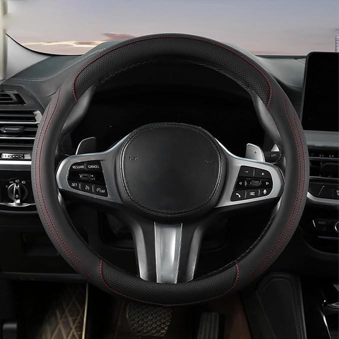 HZEL Car Steering Wheel Cover, 15 Inch Leather Comfortable Vehicle Steering Wheel Protector with Inner Rring, Anti-Slip Automotive Interior Accessories, Universal for SUV RV Truck (Black/Red)