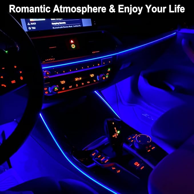 EL Wire Interior Car LED Strip Lights, 16.5FT USB Neon Glowing Strobing El Wire Strip with 6mm Sewing Edge, Ambient Lighting Kits for Car Inside Decorations (Blue)