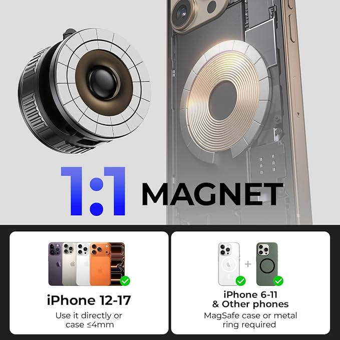 Magnetic Car Phone Holder, Strong Magnet with Vacuum Suction Cup Dashboard Mount, 360° Rotatable Adjustable Angle, Foldable Lightweight Car Phone Stand for iPhone 17/16/15/14/13/12 Pro Max