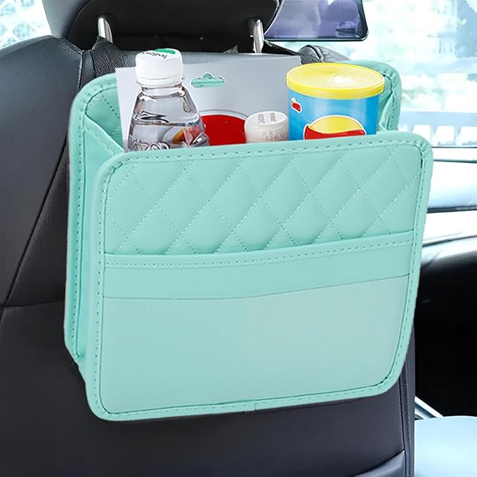 Car Seat Back Organizer, Foldable Leather Vehicle Backseat Storage Bag, Multifunctional Automotive Interior Hanging Pocket Accessories, Universal Fit (Green)