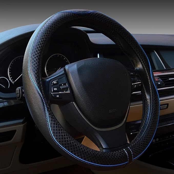 Microfiber Leather Car Medium Steering Wheel Cover,Universal Car Wheel Cover,Breathable Wheel Cover,Anti-Slip Full Surround,Sports Style Steering Wheel Covers (Black&Blue Line)