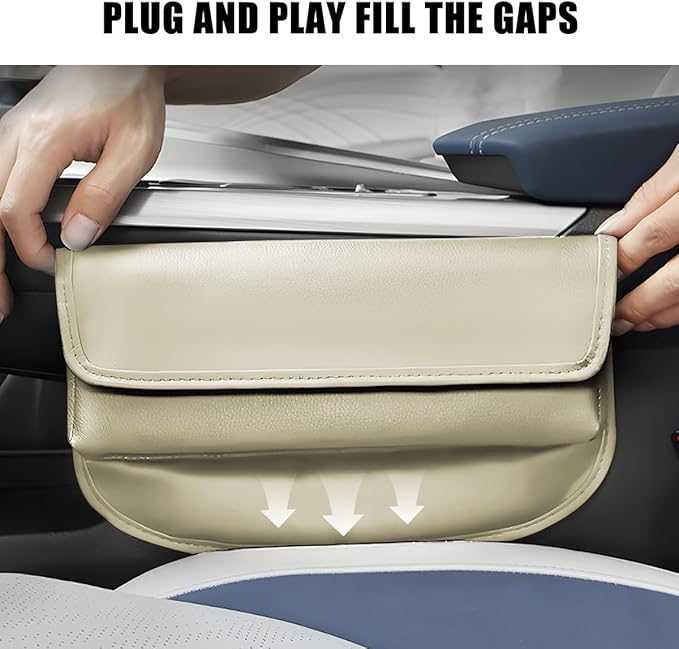 Car Seat Gap Filler Organizer, Leather Vehicle Side Seat Gap Storage Box with Lid for Phone Key Card, L-Capacity Auto Interior Organization, Universal for SUV Sedan Truck (Beige)