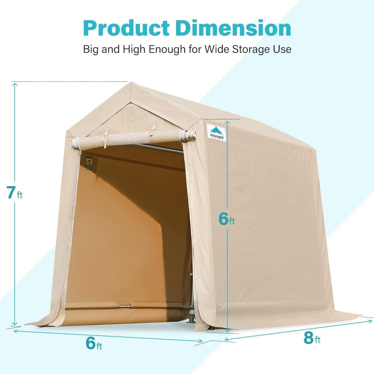 ADVANCE OUTDOOR 6x8 ft Outdoor Portable Storage Shelter Shed with 2 Roll up Zipper Doors & Vents Carport for Motorcycle Waterproof and UV Resistant Portable Garage Kit Tent, Beige