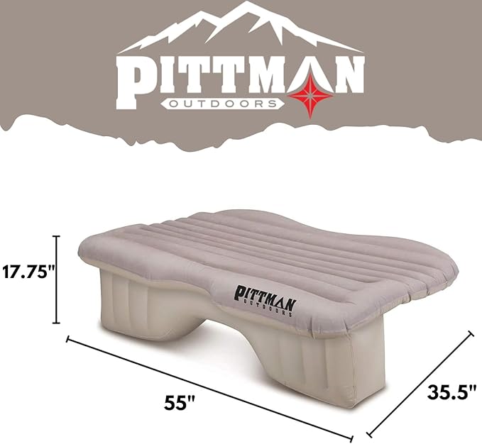 Pittman Outdoors Backseat Bed Air Mattress – 55” Rear Seat Air Mattress for Mid Size Trucks, Vans & Large SUV – Includes Pump, Pillow & Storage Bag – Inflatable Back Seat Air Mattress – DarkTan