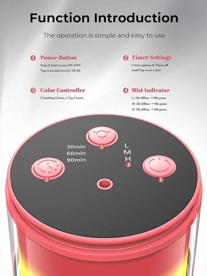 Waterless Essential Oil Diffuser: 9 Colors LED Scent Diffuser for Home&Car&Office - Portable Diffuser with 48H Battery, 4 Timers & 3 Mist Levels, Bright Red