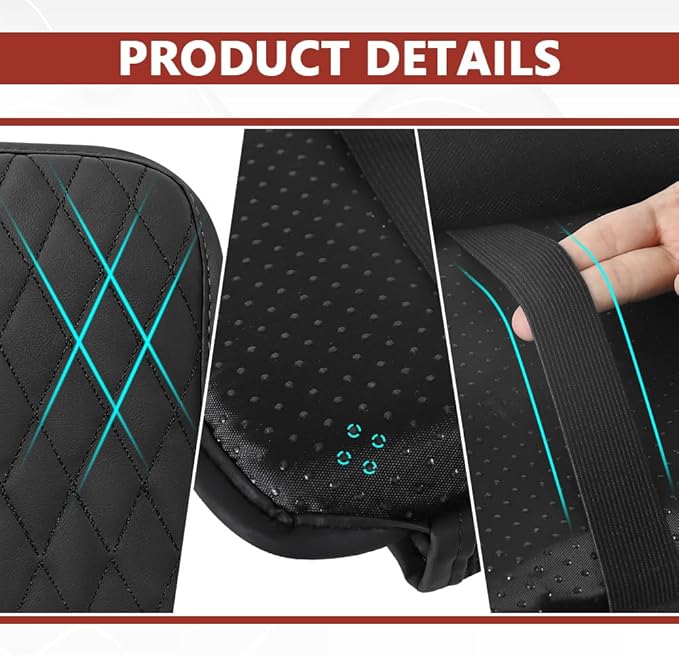 Car Center Console Cover, 12"×7.87" Waterproof Leather Auto Armrest Cover Protector with 2 Pocket, Comfortable Arm Rest Box Cushion Pad, Universal Interior Car Accessories (Black)