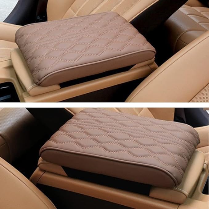 Leather Car Armrest Box Pad, 2026 New Upgrade Waterproof Universal Memory Cotton Armrest Box Pad, Center Console Lid, Car Center Console Cover for Most Vehicle, Car Accessories (Beige)