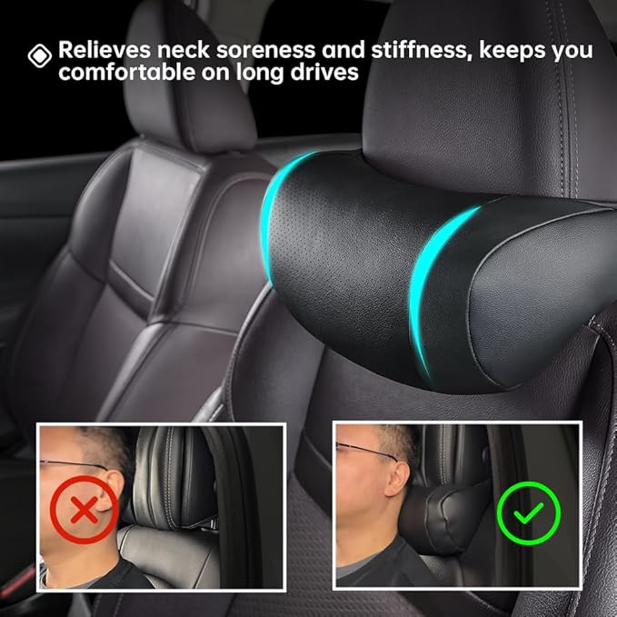 Car Neck Pillow, headrest, Cushion. Three-Point fit to the Neck Curve, Stable Support for the Cervical Spine, relieves Neck Soreness. Perforated PU Leather with high Breathability, Durable 1P（Black）