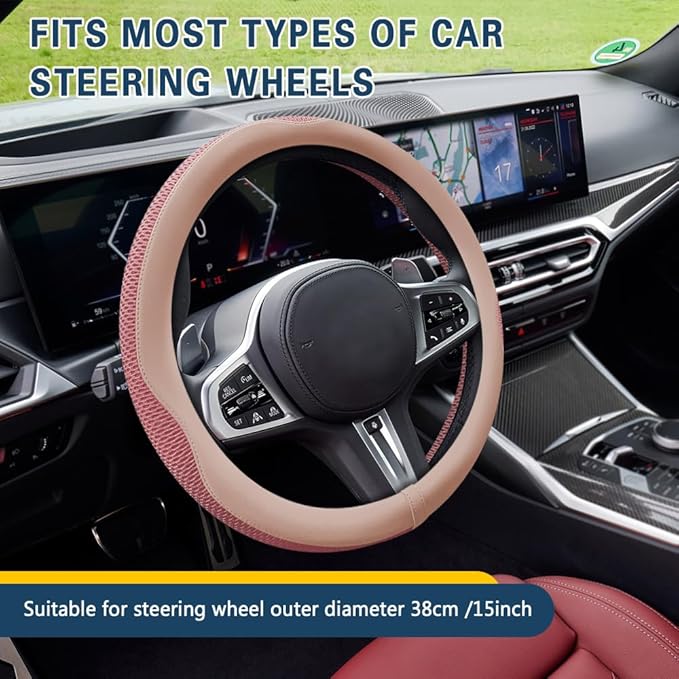 Car Steering Wheel Cover, Steering Wheel Accessories, Universal 15 Inch Microfiber Breathable LCE Silk, Car Accessories Breathable Anti-Slip Protector Universal for SUV Sedan Truck (Pink)