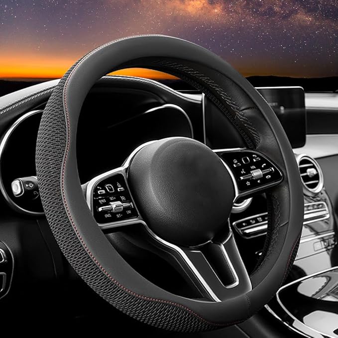 Carodi Car Steering Wheel Cover, Leather and Breathable ice Silk Fabric, Comfortable, Non-Slip, Warm in Winter and Cool in Summer, Universal 15 inch(Black red line)