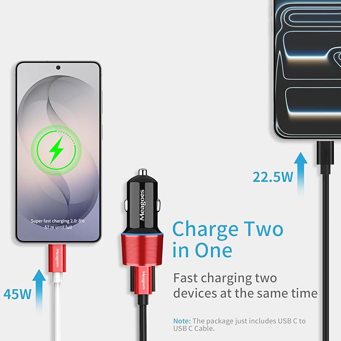 67.5W Red Car Charger USB C Super Fast Charging, 45W USBC&QC3.0 Port Plug for iPhone 17 Pro Max/Air/16/15/iPad, Samsung S26/S25 Android Cell Phone, Dual 12V Cigarette Lighter Adapter+3.3ft Type C Cord