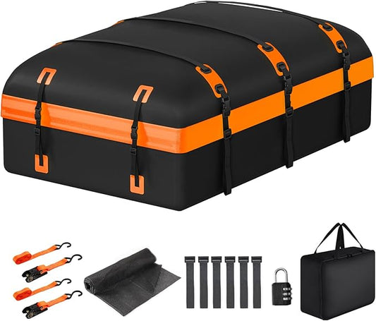 Car Rooftop Cargo Carrier Bag, 30 Cubic Feet Waterproof Soft-Shell Car Roof Bag for All Vehicle with/Without Rack, Include Anti-Slip Mat, Reinforced Straps, Door Hooks Luggage Lock (Orange)