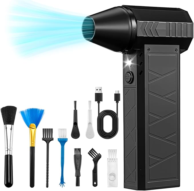 Compressed Air Duster, 180000RPM Electric Air Duster Whit LED Lighting & 9 Brush, 4 Gear Adjustable Turbo Fan, Cordless Air Blower Rechargeable, Air Duster for PC/Laptop/Keyboard/Car/Home Cleaner