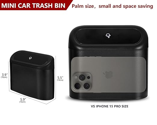 Ginsco Mini Car Trash Can with Lid, Small Car Garbage Can, Cute Leakproof ABS Car Trash Bin, Car Accessories for Interior, Garbage Bin for Car, Home, Office with 60pcs Trash Bags Black