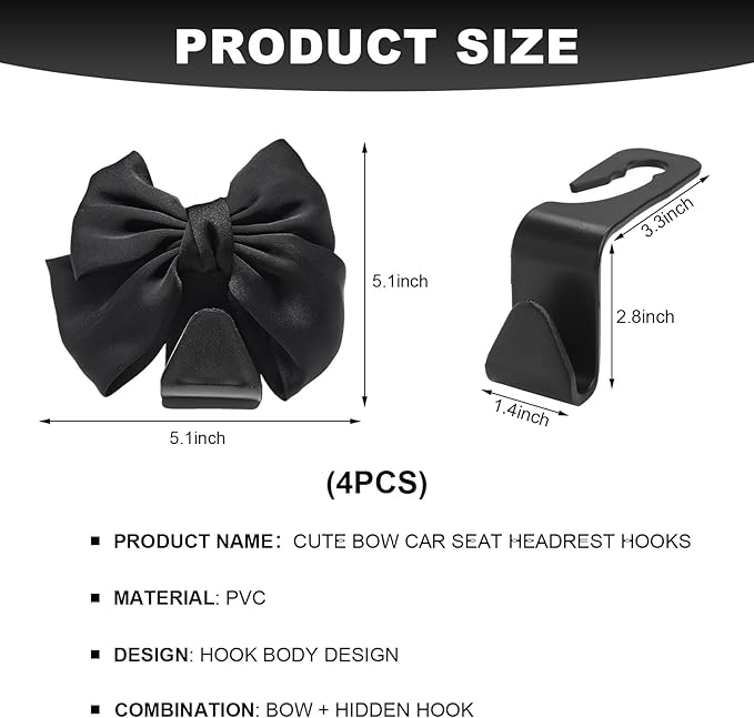 4 PCS Car Back Seat Headrest Hooks, Cute Bow Vehicle Backseat Storage Headrest Hanger, Car Organizer Hooks for Handbag Clothes Grocery Bags, Car Interior Accessories