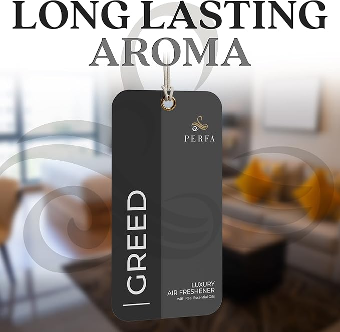9PCS Greed Disposable Air Fresheners for Men | Long Lasting Car Air Freshener with Greed Fragrance | Lasts for 2 Weeks | Strong Car Perfume with Odour Eliminating Technology | by Perfa