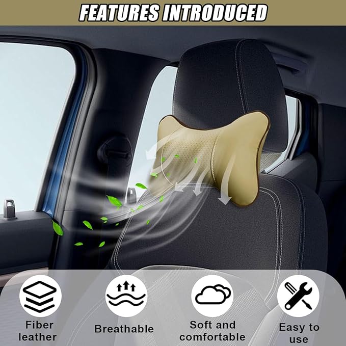 2PCS Car Neck Pillow, PU Leather Headrest Cushion with Adjustable Strap, Ergonomic Soft Headrest Pillow, Universal Multi-Function Auto Lumbar Support Accessories for Pressure Relief (Beige)