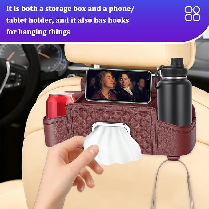 Car Headrest Backseat Organizer, Multifunctional Vehicle Seat Back Hanging Storage Box with Cup Holder and Hooks, Automotive Interior Headrest Storage Organizer, Universal Fit (Wine Red)