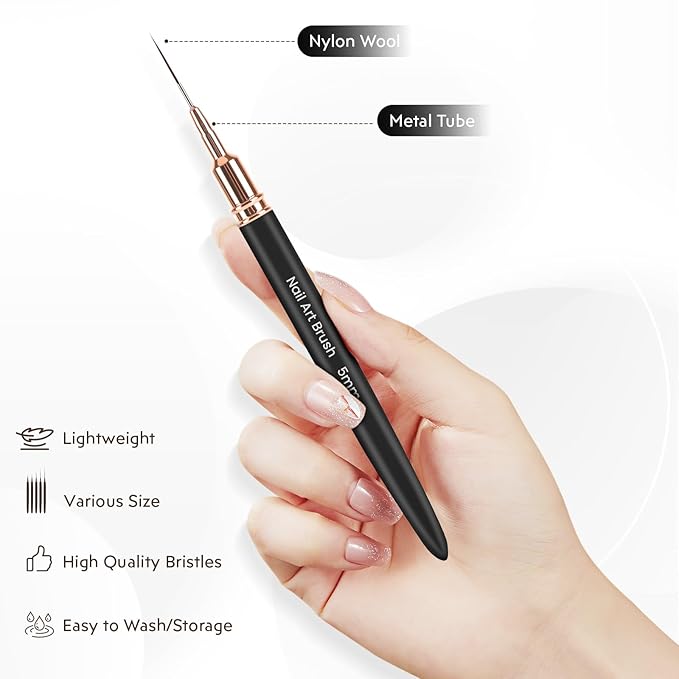 5PCS Nail Art Brushes Set with Pink Leather Case，【Metallic Material】 【Various Size】 【Light Weight】Nail Brush， Nail Brushes for Nail Art，Size：5mm,8mm,12mm,20mm,25mm, Blue