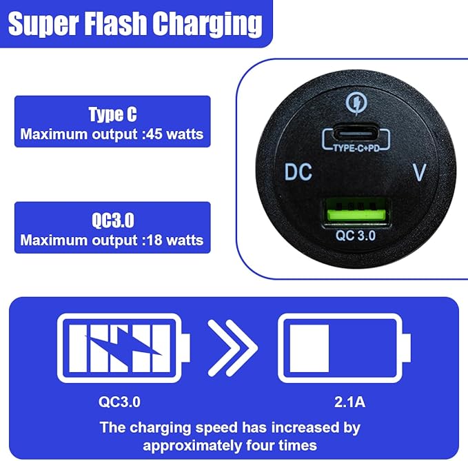 45W 12V USB Outlet 2-Port Car Charger Socket, PD USB C & QC 3.0 Port Waterproof Cigarette Lighter Sockets with LED Voltmeter, Universal Quick Charge Sockets for Cars RV Boat Marine Truck