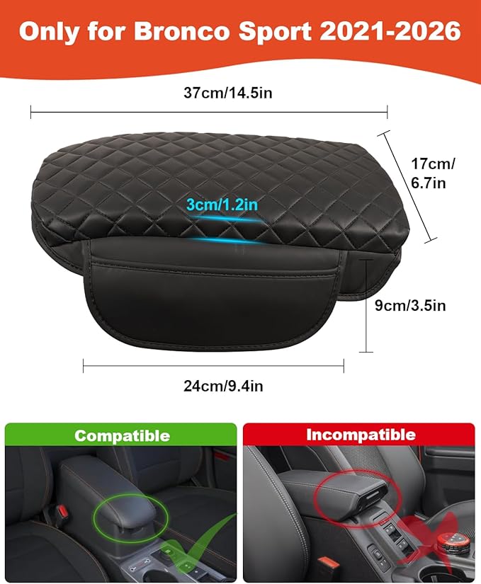 for Bronco Sport Center Console Armrest Cover 2026 2025 2024 2023 2022 2021 Bronco Sport Accessories Black with Pockets Upgrade Arm Rest Pad Console Cushion Lid
