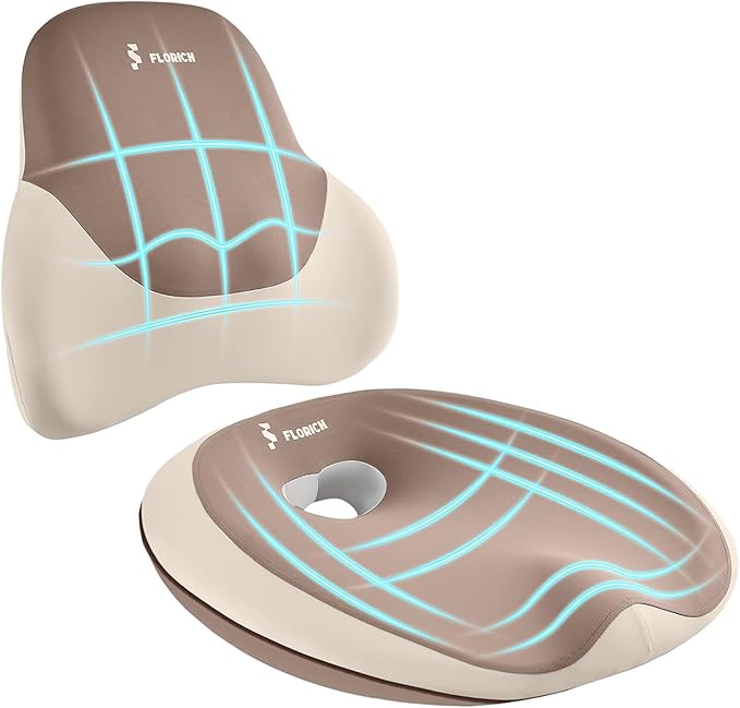 FLORICH Seat Cushion and Lumbar Support Pillow for Office Chair Car Neck Headrest Pillow 100% Memory Foam Seat Pads Pressure Relief Back Cushion and Carseat Pads(Brown)