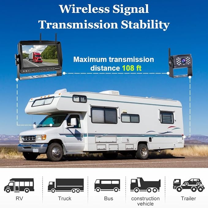 B-Qtech 7 inch Wireless Backup Camera System Digital Signal HD 1080P Rear View Monitor Kit, IP69 Waterproof Night Vision Reverse Back up Camera for Truck Car RV Trailer Camper Van Bus