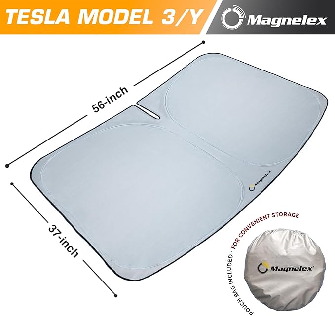 Magnelex Tesla Windshield Sun Shade (Model 3/Y), Reflective Polyester Blocks Heat & Sun, Foldable Car Window Sun Blocker, Mirror Cut-Out, Fade-Resistant Sunshade, Tesla 3 Accessories (Pack of 2)