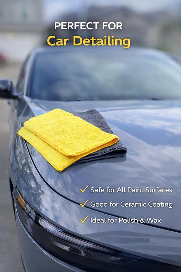 Premium Microfiber Towel for Cars 12 Pack, 400GSM, Quick-Dry, Scratch-Free, High and Low Pile Surface, Gray, Yellow, Blue,16 x 16 Inches, for Car Detailing and Household Use