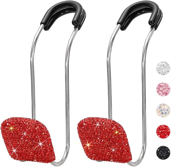SAVORI Car Headrest Hooks Bling Car Accessories Rhinestones Universal Auto Back Seat Headrest Metal Hanger Organizer Vehicle Holder for Bag Purse Clothes Grocery 2PCS (Red)
