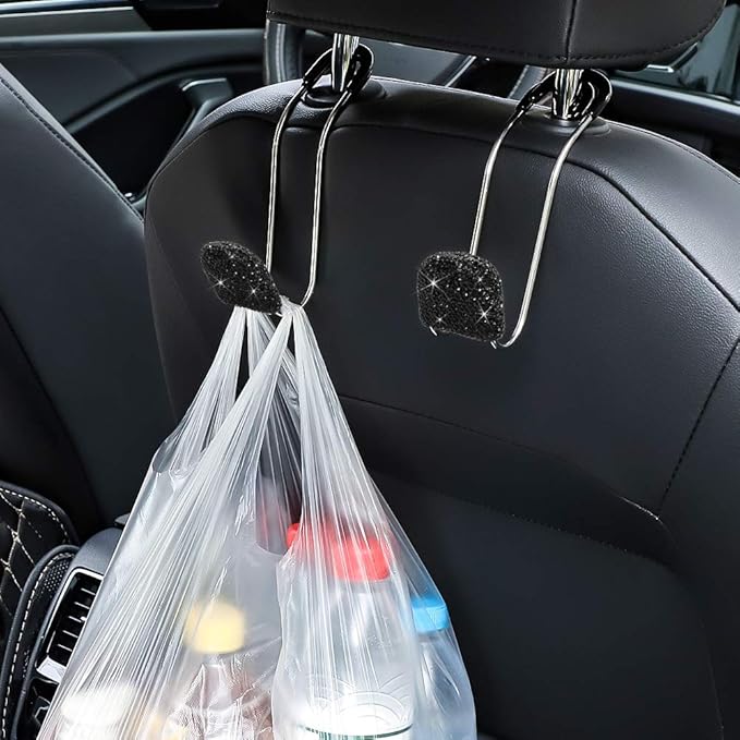 SAVORI Car Headrest Hooks Bling Car Accessories Rhinestones Universal Auto Back Seat Headrest Metal Hanger Organizer Vehicle Holder for Bag Purse Clothes Grocery 2PCS (Black)