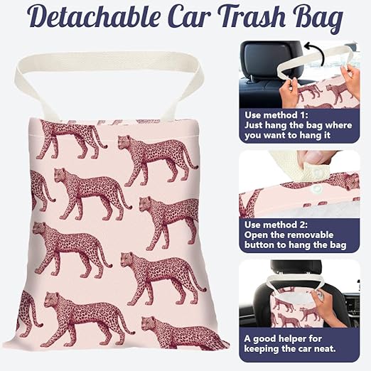 Leopard Print Car Trash Bag Hanging Garbage Bag with Snap Buttons Car-Back Seat Trash Storage Portable Dustbin for Car Interior Accessories Travel Camping