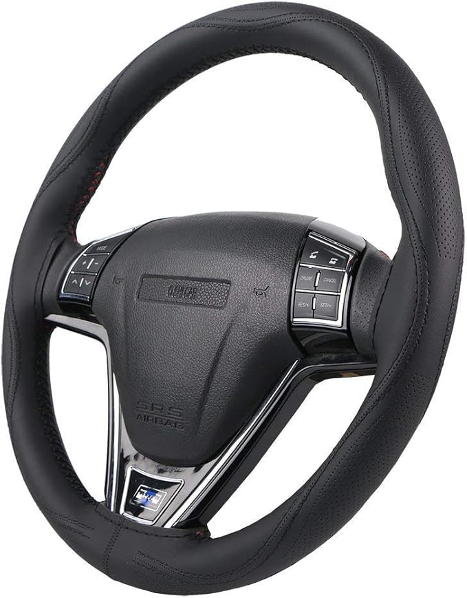 O SHI CAR 15 Inch 3D Universal Artificial Leather Steering Wheel Cover Stitch On Wrap with Needle & Thread Non-Slip Black