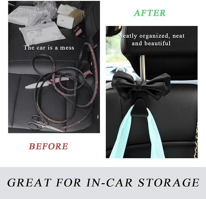2 PCS Car Seat Headrest Hooks, Cute Bow Shaped Vehicle Backseat Storage Hooks, Leather Bow Shaped Sturdy Car Seat Back Hooks for Purses/Coats/Umbrellas, Car Accessories (Black)