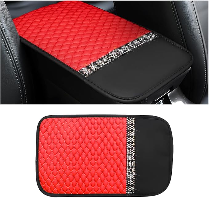 Bling Leather Car Center Console Cover, Car Center Console Protector With Glossy Crystal Rhinestone, Universal Waterproof Car Armrest Seat Box Cover For Most Car, Vehicles, SUVs, Trucks (Red)