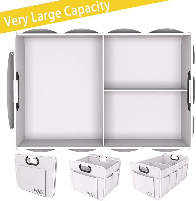 Homeve Trunk Organizer, Car Storage, Reinforced Handles, Collapsible Multi-Compartment, Foldable, Waterproof, Sturdy, 600D Oxford Polyester For Car, SUV, Mini-Van, White, 2 Compart