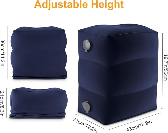 Maliton Inflatable Travel Foot Rest Pillow, Kids Airplane Bed, Adjustable Height Leg Pillow for Air Travel, Make a Flat Bed for Kids and Toddlers, Great for Airplane, Train, car（Blue, 1 Pack）